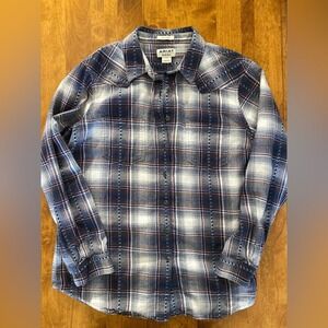 Ariat Womens Relaxed Fit Plaid Flannel Western Snap Shirt L/G Blue White Pink